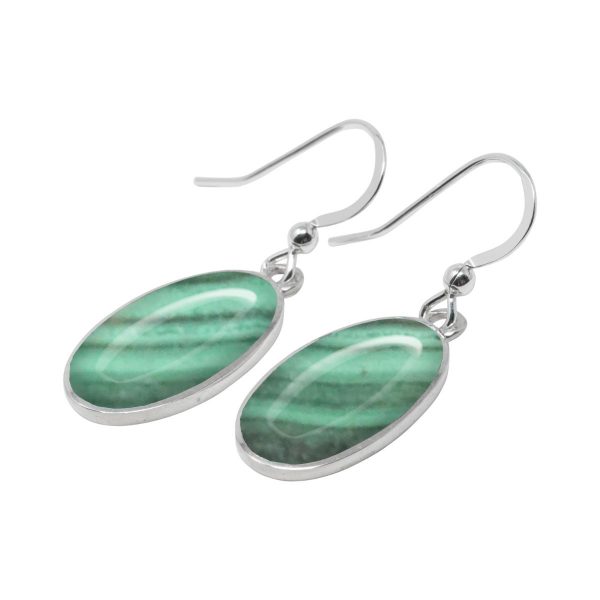 Silver Malachite Oval Drop Earrings