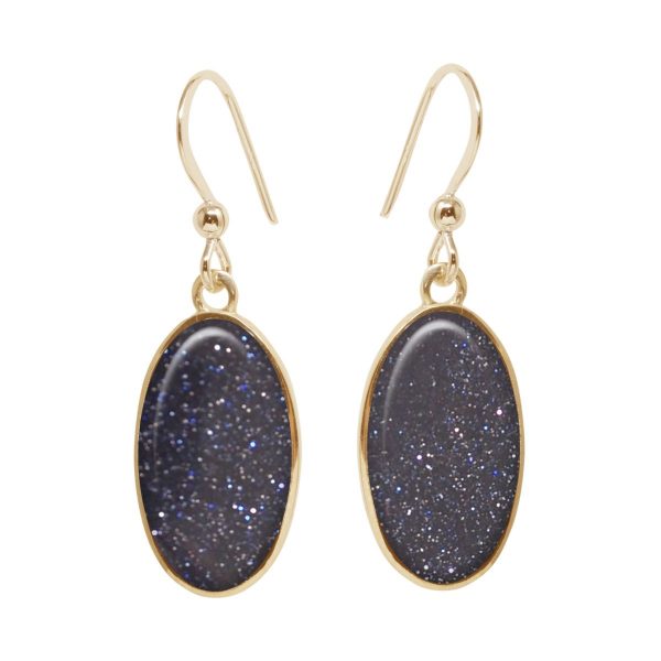 Yellow Gold Blue Goldstone Oval Drop Earrings