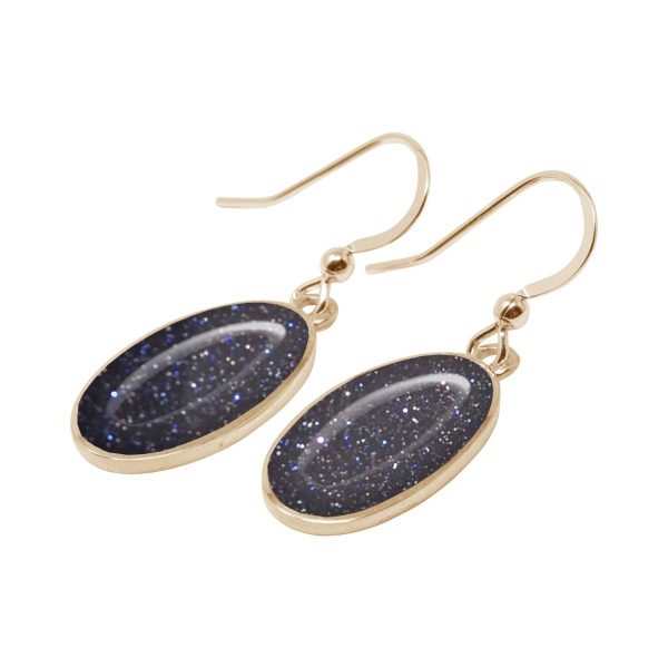 Yellow Gold Blue Goldstone Oval Drop Earrings