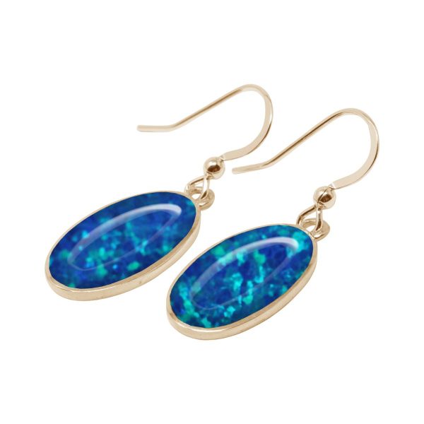 Yellow Gold Opalite Cobalt Blue Oval Drop Earrings