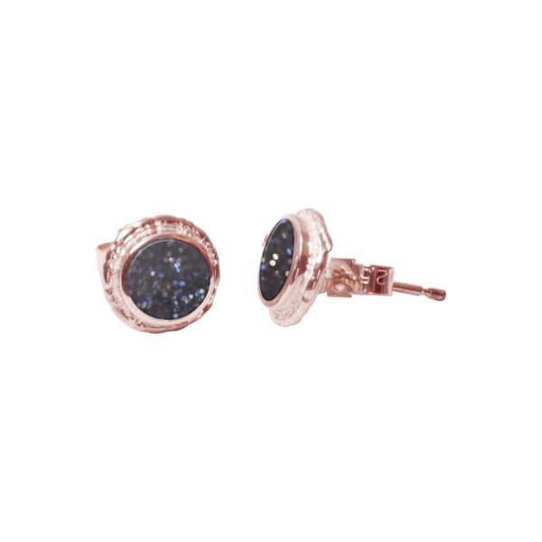 Rose Gold Blue Goldstone Round Stud Earrings