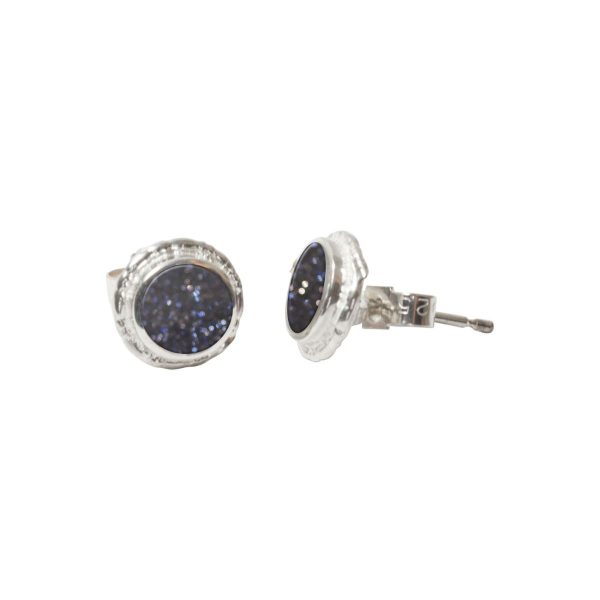 Silver Blue Goldstone Round Stud Earrings