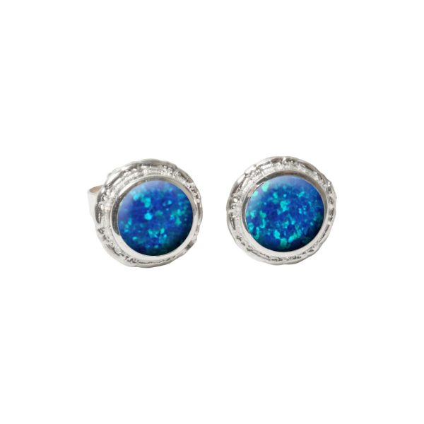 Silver Cobalt Blue Opalite Round Stud Earrings