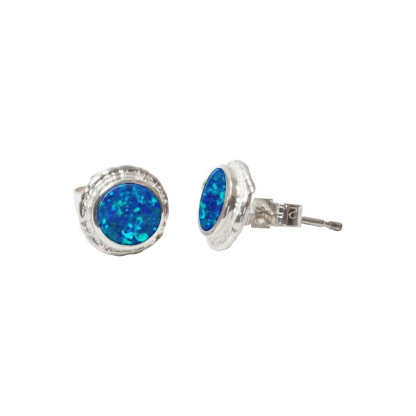 Silver Cobalt Blue Opalite Round Stud Earrings