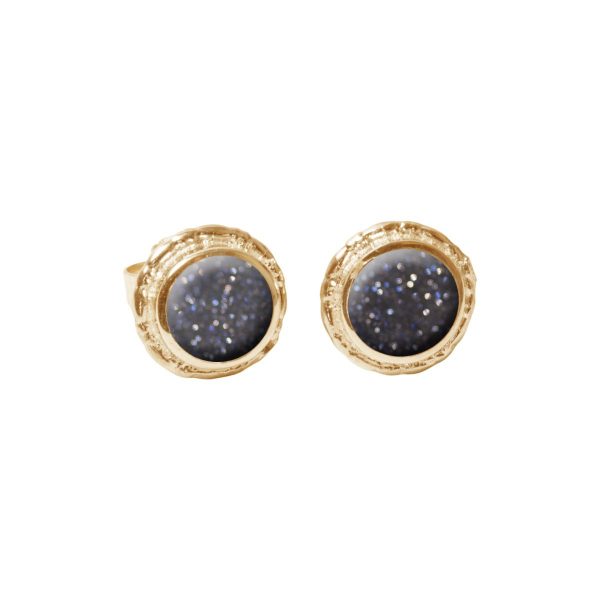 Gold Blue Goldstone Round Stud Earrings