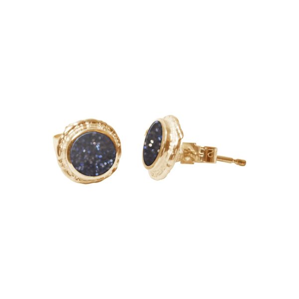 Gold Blue Goldstone Round Stud Earrings