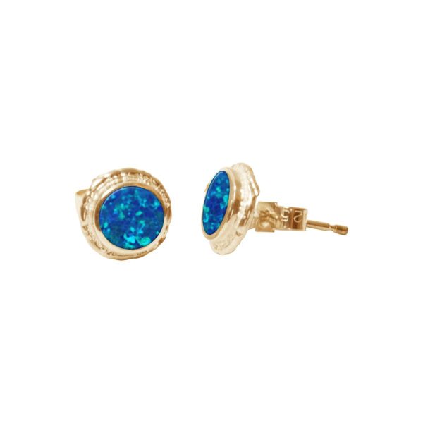 Gold Cobalt Blue Opalite Round Stud Earrings