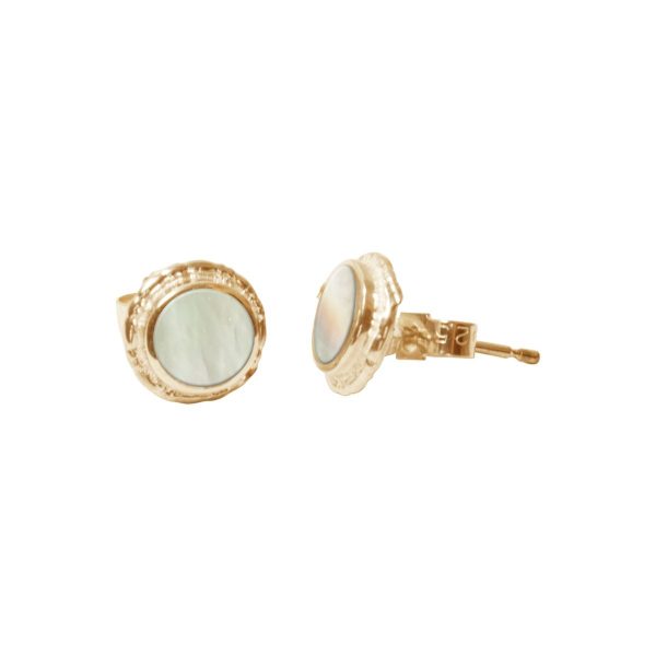 Gold Mother of Pearl Round Stud Earrings