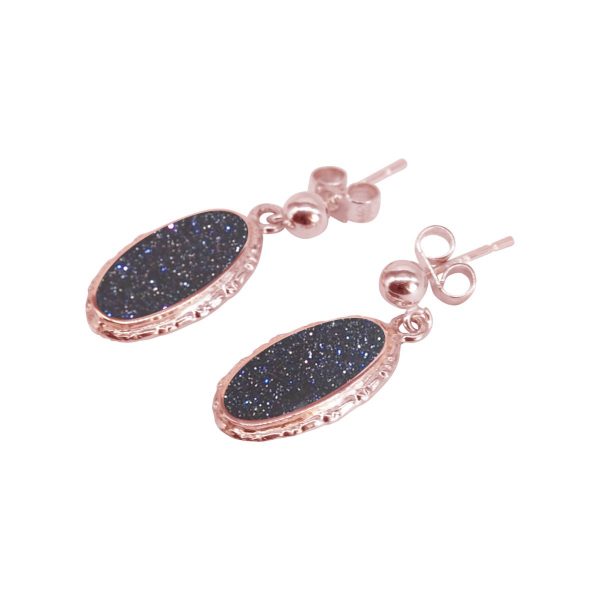 Rose Gold Blue Goldstone Oval Drop Earrings