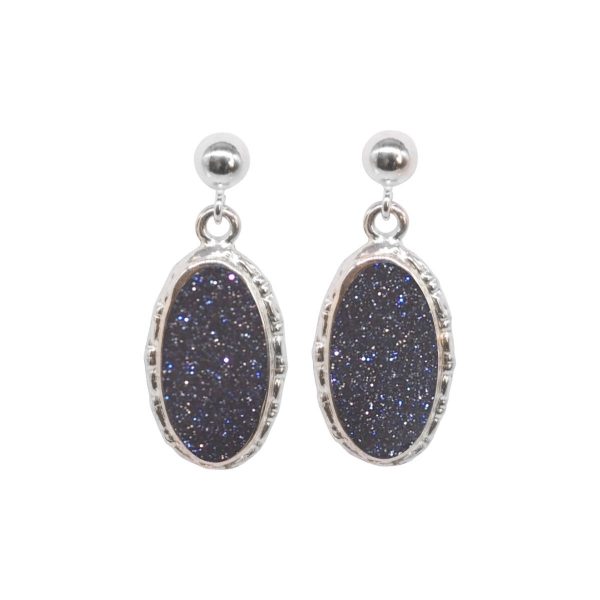 Silver Blue Goldstone Oval Drop Earrings