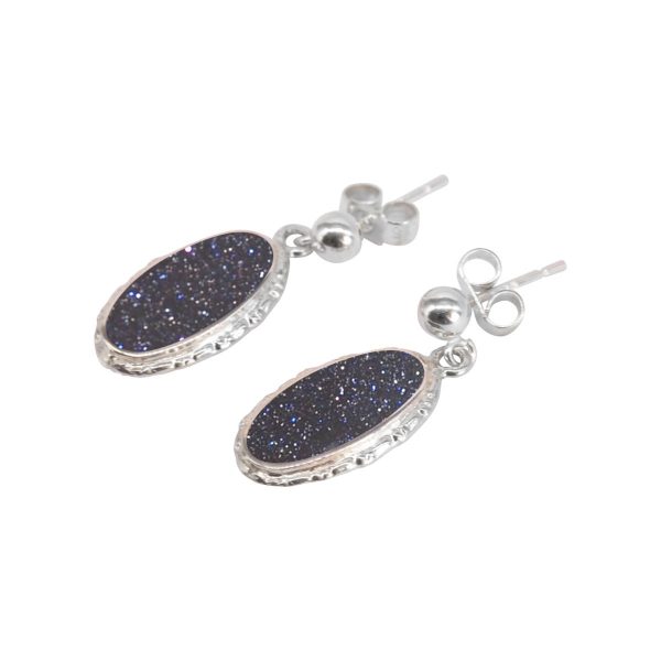 Silver Blue Goldstone Oval Drop Earrings