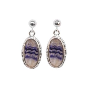 Silver Oval Blue John Beaded Edge Drop Earrings