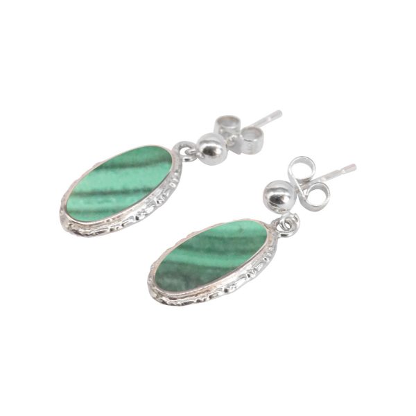 Silver Malachite Oval Drop Earrings