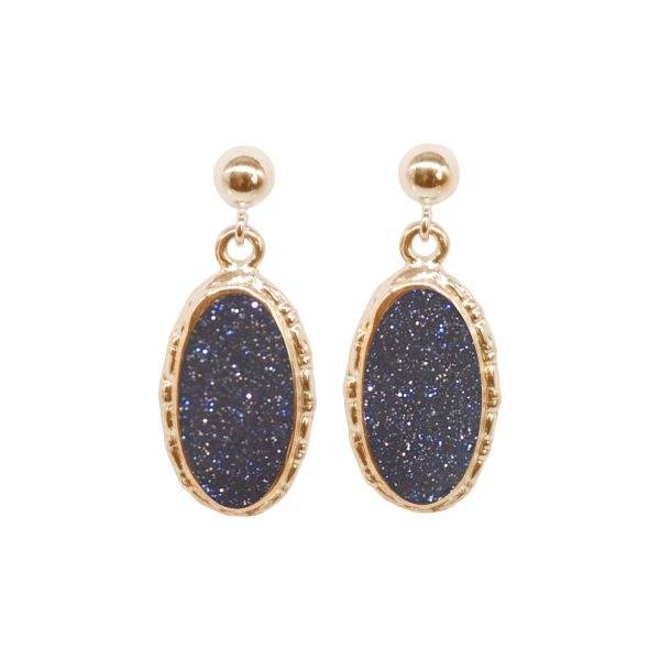 Gold Blue Goldstone Oval Drop Earrings
