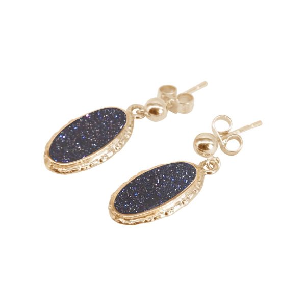 Gold Blue Goldstone Oval Drop Earrings