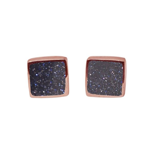 Rose Gold Blue Goldstone Square Stud Earrings