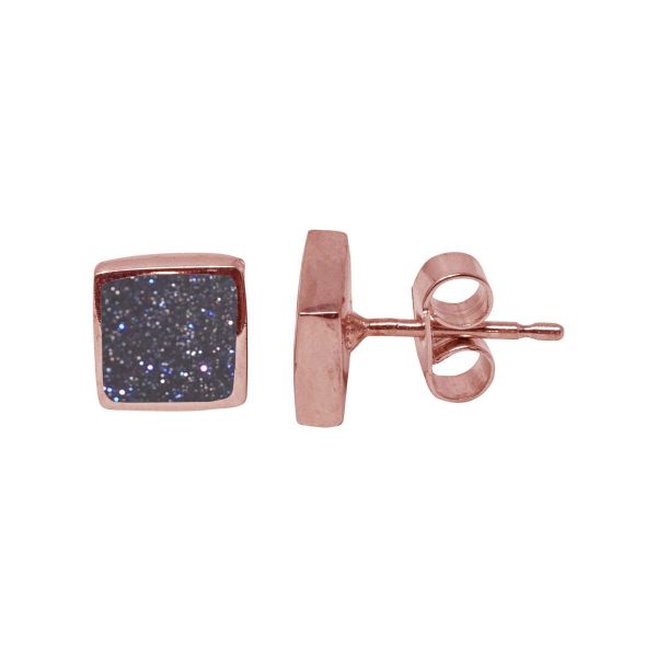 Rose Gold Blue Goldstone Square Stud Earrings