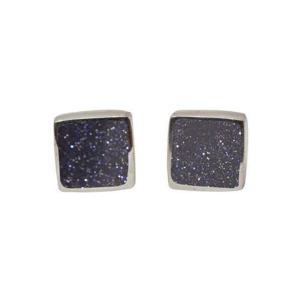 Silver Blue Goldstone Square Stud Earrings