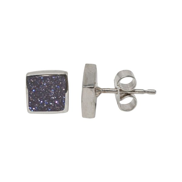 Silver Blue Goldstone Square Stud Earrings