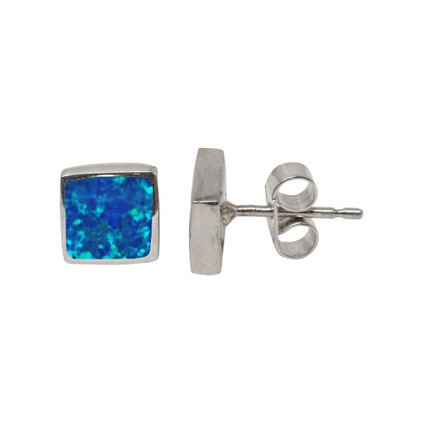 Silver Cobalt Blue Opalite Square Stud Earrings