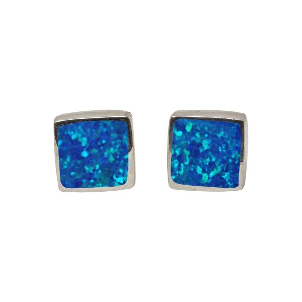 White Gold Opalite Cobalt Blue Square Stud Earrings