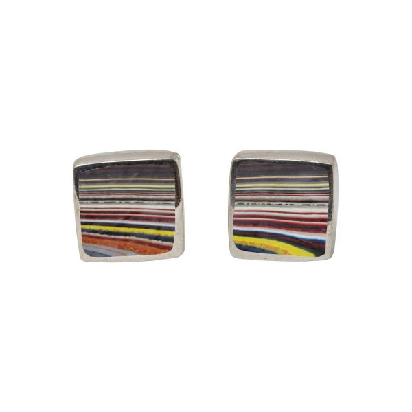 White Gold Fordite Square Stud Earrings