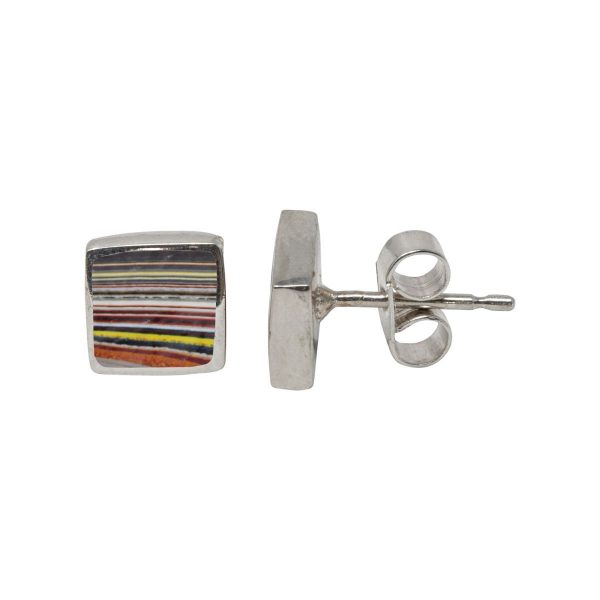 White Gold Fordite Square Stud Earrings