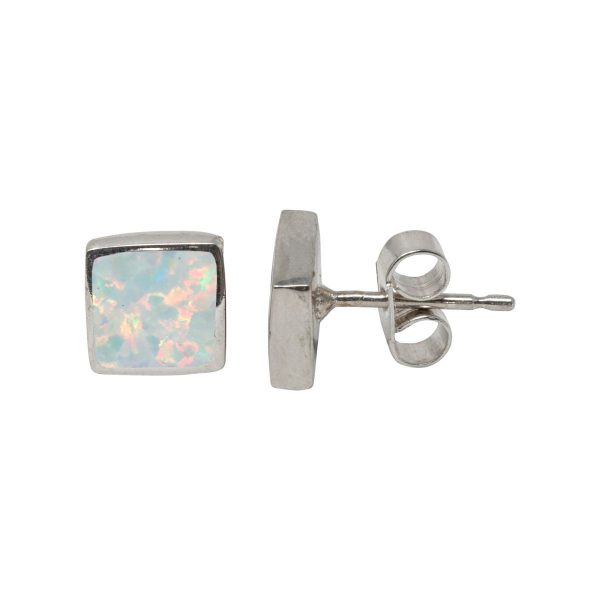 White Gold Opalite Sun Ice Square Stud Earrings