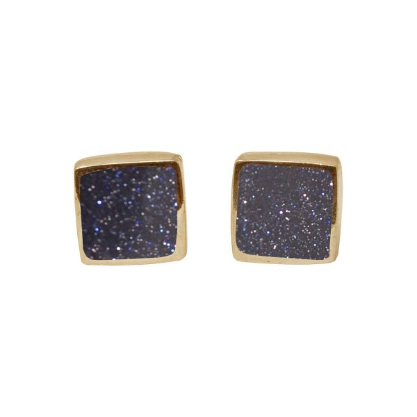 Gold Blue Goldstone Square Stud Earrings