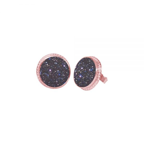 Rose Gold Blue Goldstone Round Stud Earrings