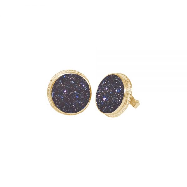 Yellow Gold Blue Goldstone Round Stud Earrings