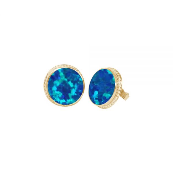 Yellow Gold Opalite Cobalt Blue Round Stud Earrings