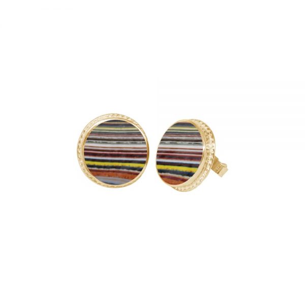 Yellow Gold Fordite Round Stud Earrings