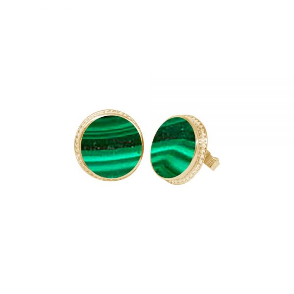 Yellow Gold Malachite Round Stud Earrings