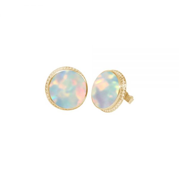 Yellow Gold Opalite Sun Ice Round Stud Earrings