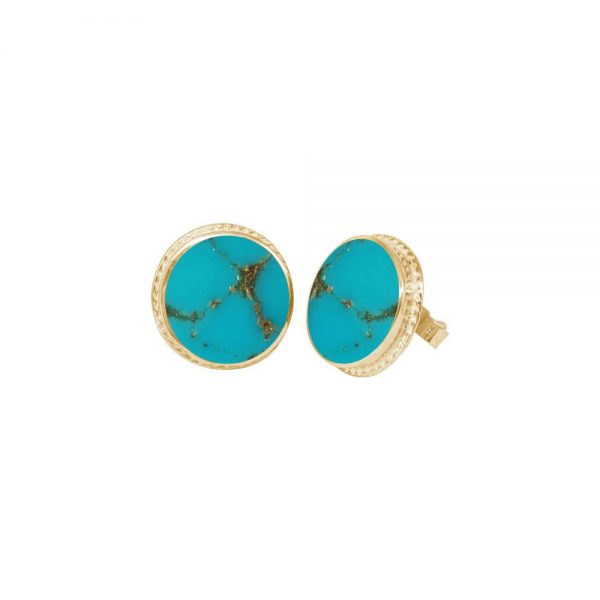 Yellow Gold Turquoise Round Stud Earrings