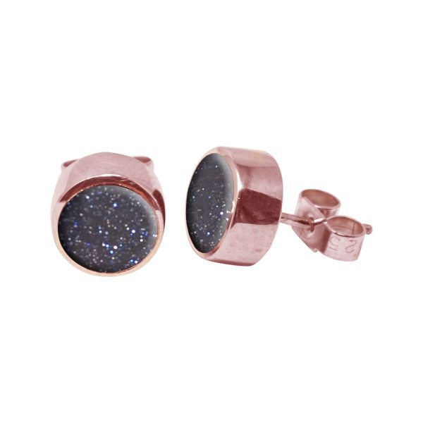 Rose Gold Blue Goldstone Round Stud Earrings