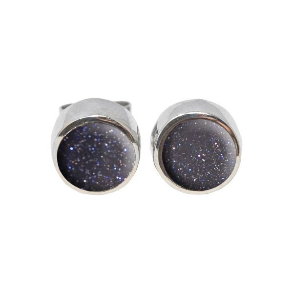 Silver Blue Goldstone Round Stud Earrings