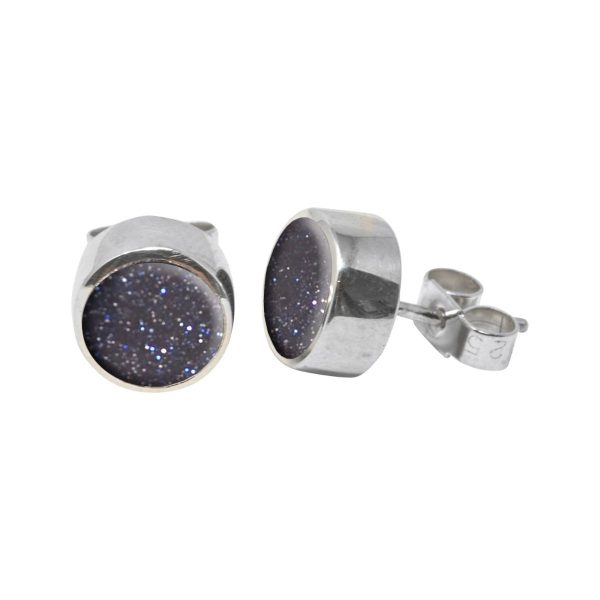 Silver Blue Goldstone Round Stud Earrings