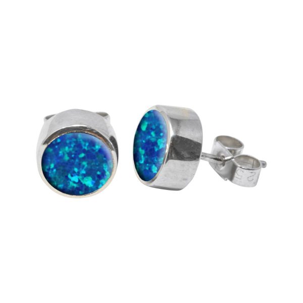 Silver Opalite Cobalt Blue Round Stud Earrings