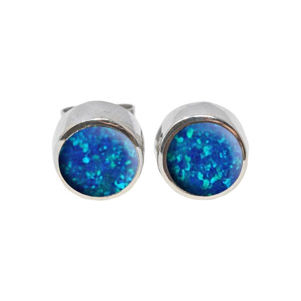 White Gold Opalite Cobalt Blue Round Stud Earrings