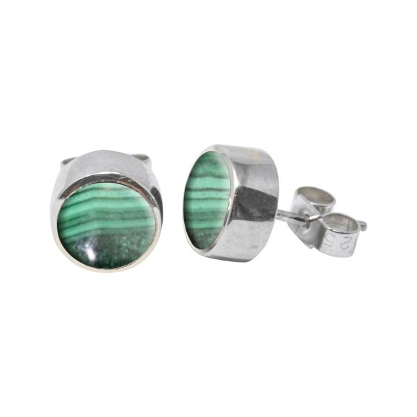 White Gold Malachite Round Stud Earrings