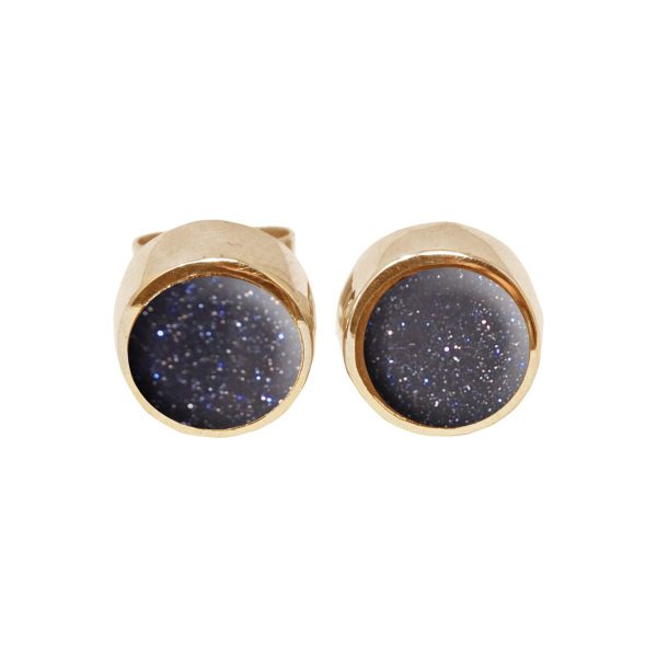 Gold Blue Goldstone Round Stud Earrings