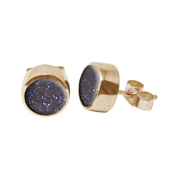 Gold Blue Goldstone Round Stud Earrings