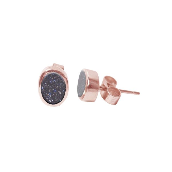 Rose Gold Blue Goldstone Oval Stud Earrings