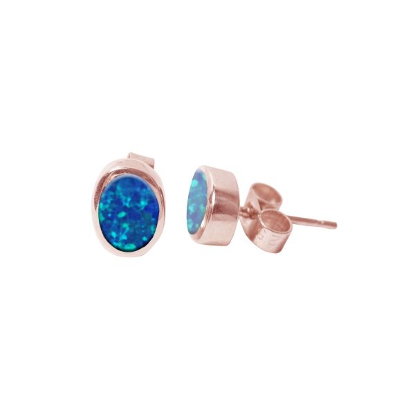 Rose Gold Cobalt Blue Opalite Oval Stud Earrings