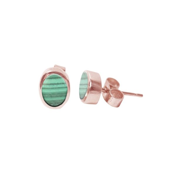 Rose Gold Malachite Oval Stud Earrings