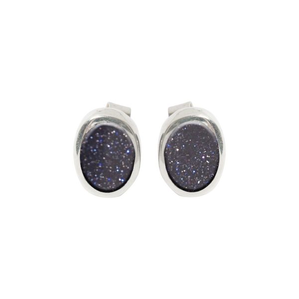 Silver Blue Goldstone Oval Stud Earrings