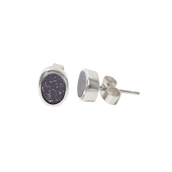 Silver Blue Goldstone Oval Stud Earrings