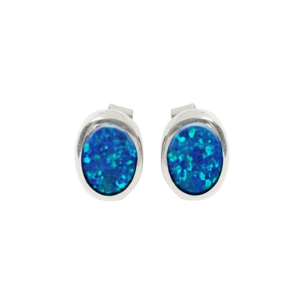 Silver Opalite Cobalt Blue Oval Stud Earrings